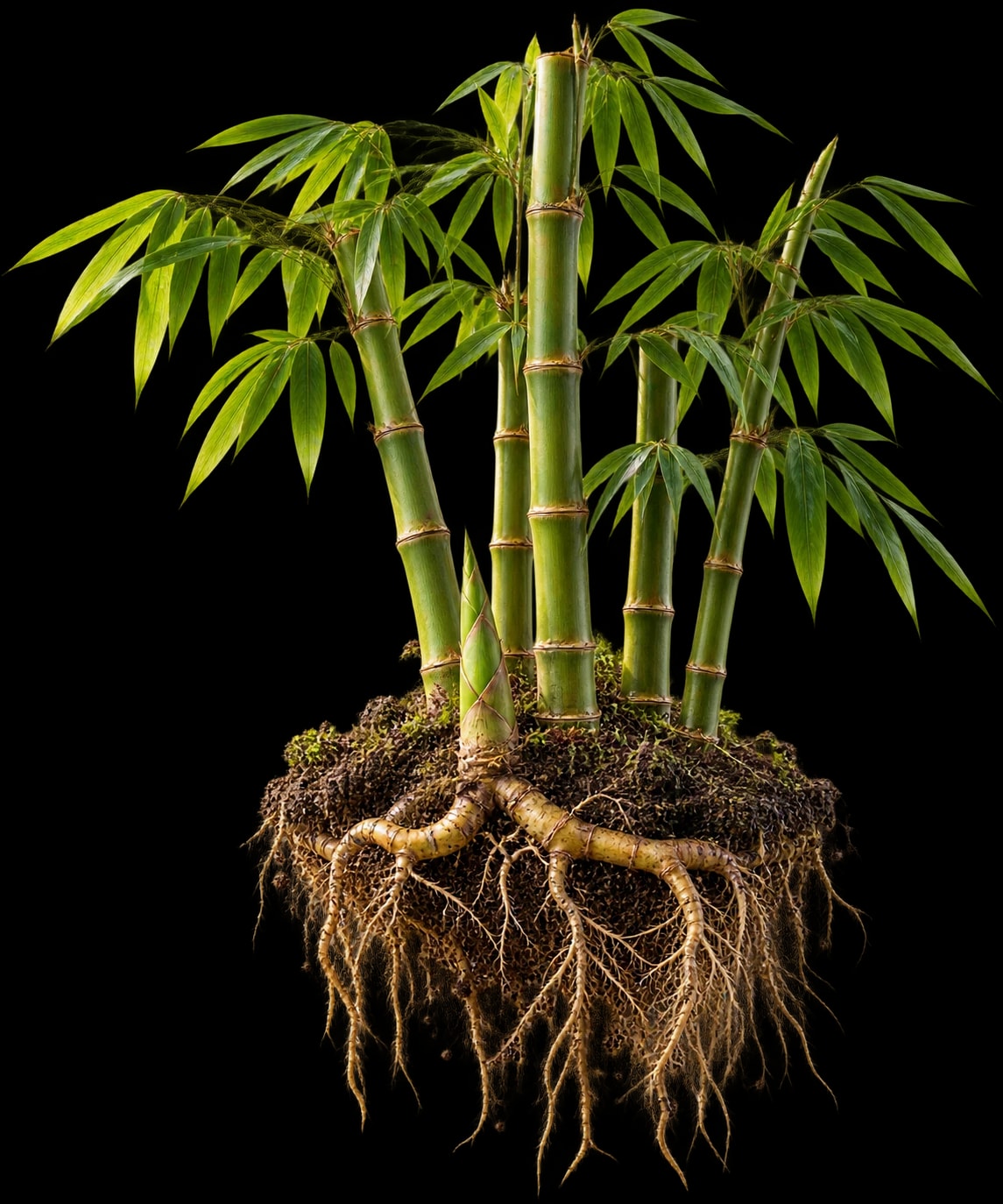 A living bamboo grove with new shoots and an exposed network of roots